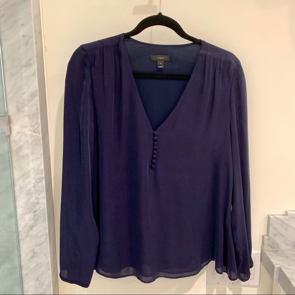 JCrew navy silk blouse with covered front buttons